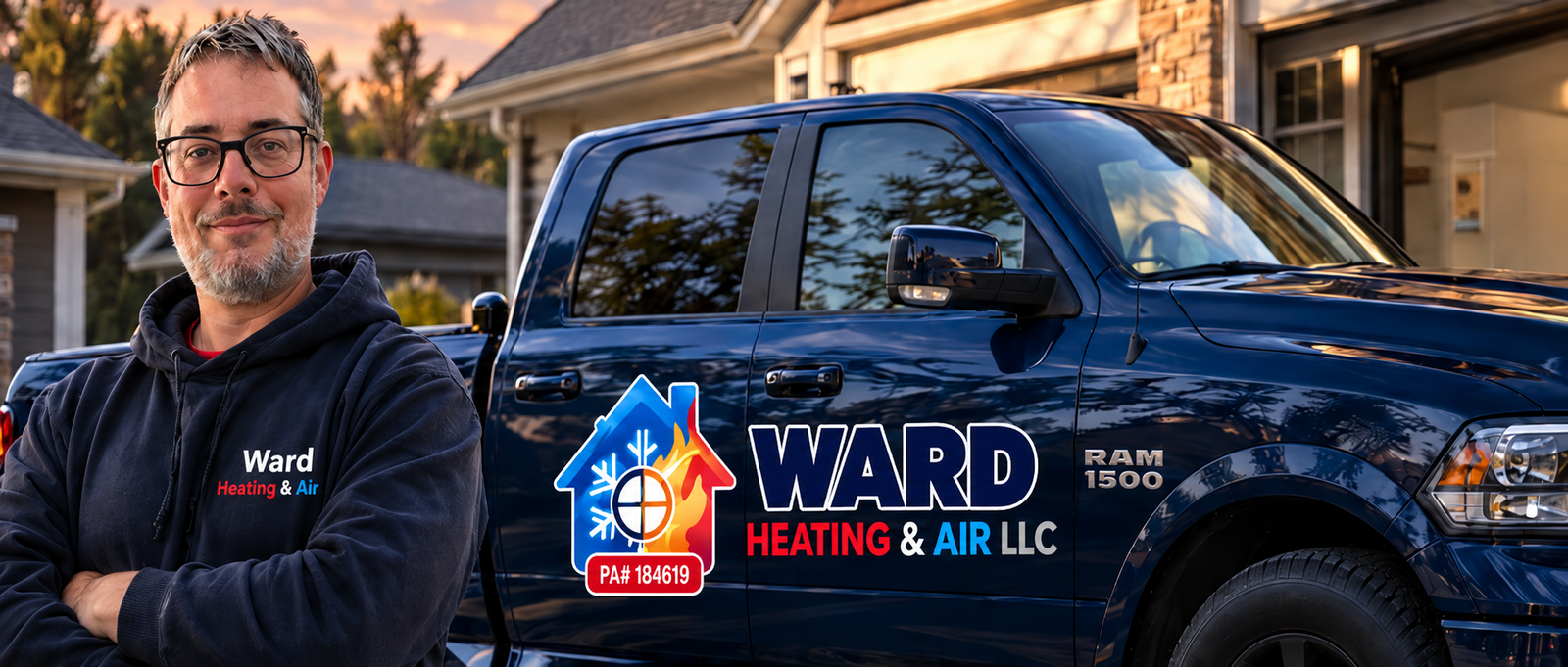 Jacob Ward beside the Ward Heating & Air branded Ram truck at golden hour